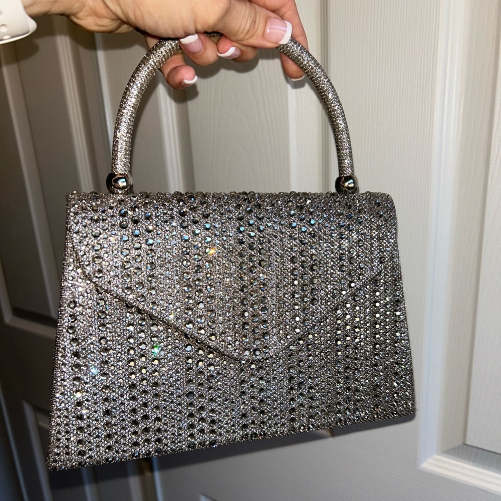 Silver Textured Clutch with Structured Shape and Arched Handle